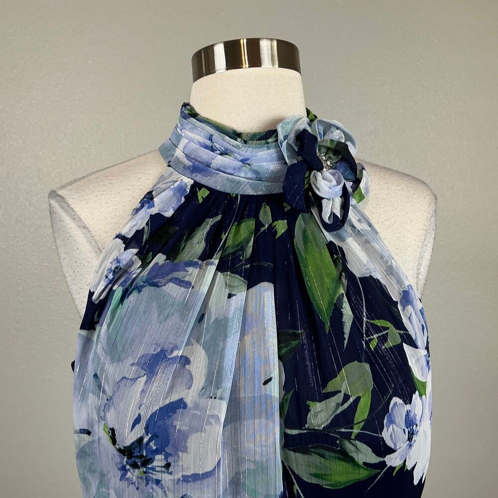 Eliza J Women's Sparkly Floral Print Chiffon High Low Maxi Dress Blue Size 8 - Picture 8 of 14